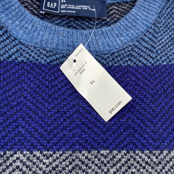 $59 Gap Sweater Mens Extra Large Lambs Wool Blue Striped Blend Herringbone - Picture 9 of 11